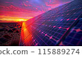Solar panel field at sunset with vibrant reflections, capturing the beauty of clean energy. 115889274