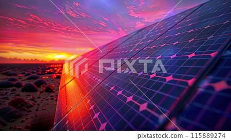 Solar panel field at sunset with vibrant reflections, capturing the beauty of clean energy. 115889274