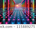 Futuristic digital tunnel with neon lights and a solar panel-like floor in abstract art. 115889275