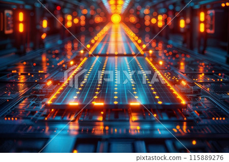 Solar panel with neon lights, illustrating high-speed data and technology. 115889276