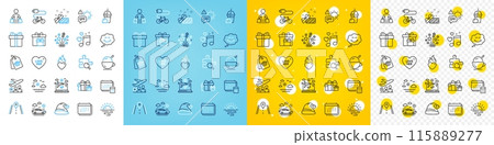 Vector icons set of Present, Ice cream and Car travel line icons pack for web with Gift box, Santa hat, Spf protection outline icon. Sunrise, Fireworks stars, Delivery boxes pictogram. Vector Vector icons set of Present, Ice cream and Car travel line icons pack for web with Gift box, Santa hat, Spf protection outline icon. Sunrise, Fireworks stars, Delivery boxes pictogram. Vector 115889277