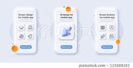 Notification bell, Photo thumbnail and Fuel price line icons pack. 3d phone mockups with cursor. Glass smartphone screen. Shift, 360 degrees, Reminder web icon. Vector Notification bell, Photo thumbnail and Fuel price line icons pack. 3d phone mockups with cursor. Glass smartphone screen. Shift, 360 degrees, Reminder web icon. Vector 115889281