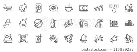 Icons pack as Cash money, Ice cream and Beauty line icons for app include Qr code, Moon, Training results outline thin icon web set. Video conference, Banking money. Cash money outline sign. Vector 115889282