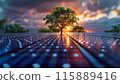 Solitary tree at sunset amidst a grid of glowing lights, blending nature and technology. 115889416
