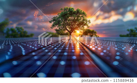 Solitary tree at sunset amidst a grid of glowing lights, blending nature and technology. 115889416