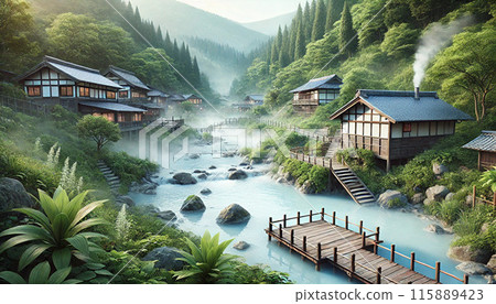 The fantastical Yubatake baths shrouded in mist 115889423