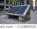 Urban solar panel array with city life, highlighting sustainable energy in a metropolis. 115889426