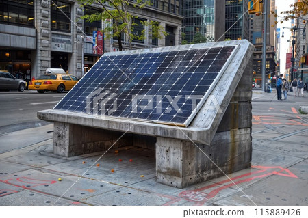 Urban solar panel array with city life, highlighting sustainable energy in a metropolis. 115889426