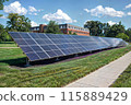Solar panel array in an urban setting with greenery, showcasing renewable energy integration. 115889429