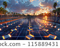 Solar-powered railway track at sunset with illuminated panels and vibrant scenery. 115889431
