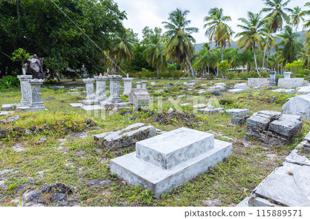 La Digue island cemetery, Seychelles. Landscape photo 115889571