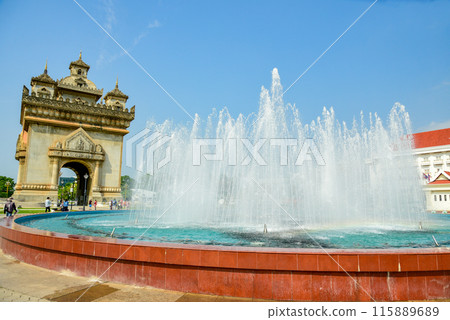 Beautiful scenery of Patuxai in Vientiane, the capital of Laos Beautiful scenery of Patuxai in Vientiane, the capital of Laos 115889689