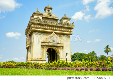 Beautiful scenery of Patuxai in Vientiane, the capital of Laos Beautiful scenery of Patuxai in Vientiane, the capital of Laos 115889707