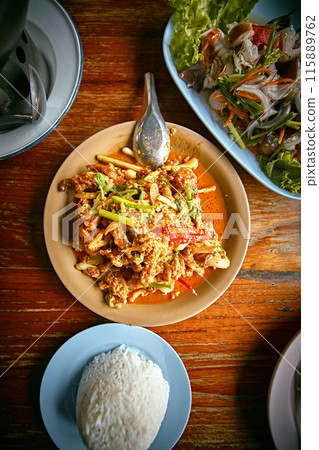 Top view of Thai traditional food set on the table 115889762