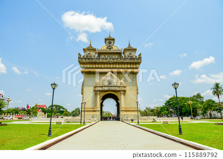 Beautiful cityscape view from the rooftop of Patuxai in Vientiane, the capital of Laos Beautiful cityscape view from the rooftop of Patuxai in Vientiane, the capital of Laos 115889792