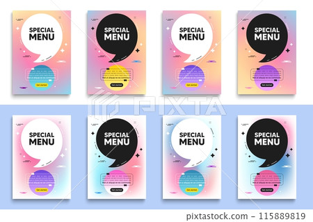 Special menu tag. Poster frame with quote. Kitchen food offer. Restaurant menu. Special menu flyer message with comma. Gradient blur background posters. Vector Special menu tag. Poster frame with quote. Kitchen food offer. Restaurant menu. Special menu flyer message with comma. Gradient blur background posters. Vector 115889819