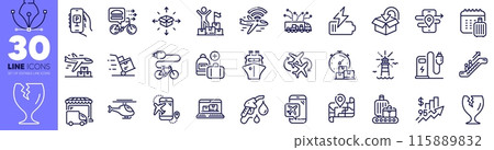 Web inventory, Truck delivery and Rise price line icons pack. Add handbag, Delivery plane, Fragile package web icon. Ship, Petrol station, Helicopter pictogram. Return package. Vector 115889832