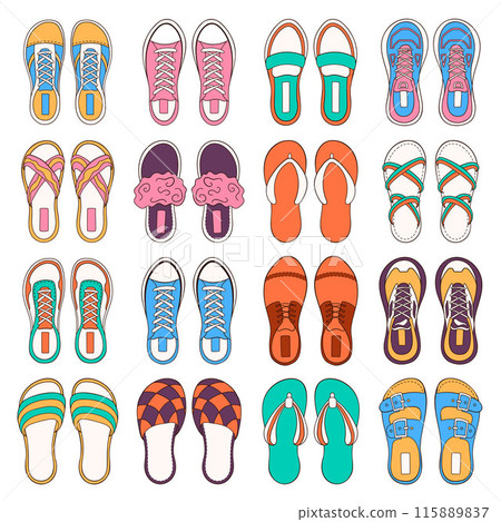 Shoes collection in cartoon style. Set of casual woman and men footwear shoes, sneakers and boots. Vector illustration isolated on a white background. 115889837