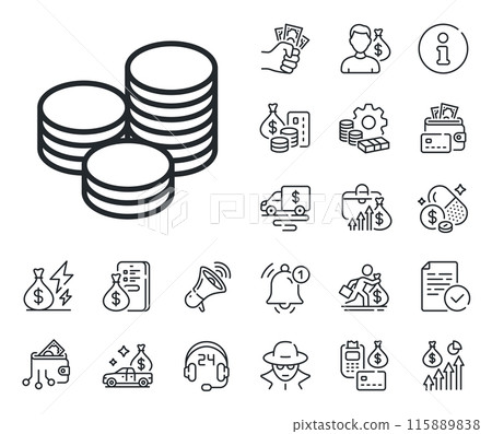 Banking currency sign. Cash money, loan and mortgage outline icons. Coins money line icon. Cash symbol. Tips line sign. Credit card, crypto wallet icon. Inflation, job salary. Vector Banking currency sign. Cash money, loan and mortgage outline icons. Coins money line icon. Cash symbol. Tips line sign. Credit card, crypto wallet icon. Inflation, job salary. Vector 115889838