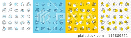 Vector icons set of Phone pay, Speedometer and Shield line icons pack for web with Iceberg, Medical drugs, Voicemail outline icon. Approved documentation, Payment click. Vector 115889851