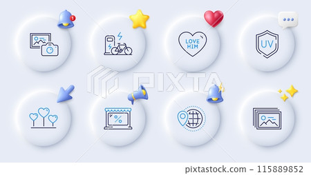 Uv protection, Love heart and Photo camera line icons. Buttons with 3d bell, chat speech, cursor. Pack of World travel, Market, Electric bike icon. Love him, Image gallery pictogram. Vector Uv protection, Love heart and Photo camera line icons. Buttons with 3d bell, chat speech, cursor. Pack of World travel, Market, Electric bike icon. Love him, Image gallery pictogram. Vector 115889852