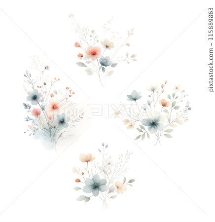 Pale-hued floral watercolor illustration set 115889863