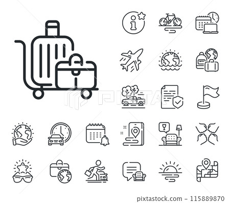 Travel luggage sign. Plane jet, travel map and baggage claim outline icons. Baggage cart line icon. Journey bag trolley symbol. Baggage cart line sign. Car rental, taxi transport icon. Vector 115889870