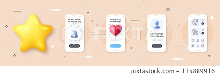 T-shirt, Skirt and Thiamine vitamin line icons pack. Phone screen mockup with 3d bell, star and placeholder. Panties, Skin care, Shoes web icon. Sun protection, Folate vitamin pictogram. Vector 115889916