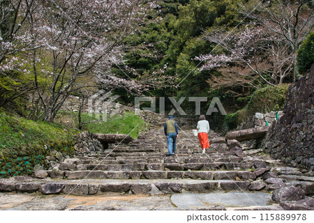 攀登大手道前往安土城，這是一座由織田信長建造的城堡，因世界上最偉大的武士而聞名 115889978