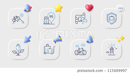 Bike, Luggage trolley and Mountain bike line icons. Buttons with 3d bell, chat speech, cursor. Pack of Destination flag, Lighthouse, Petrol station icon. Luggage protect, Eco power pictogram. Vector Bike, Luggage trolley and Mountain bike line icons. Buttons with 3d bell, chat speech, cursor. Pack of Destination flag, Lighthouse, Petrol station icon. Luggage protect, Eco power pictogram. Vector 115889997