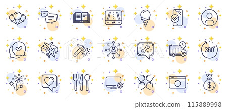 Outline set of Education, Ice cream and 360 degrees line icons for web app. Include Heart, Headshot, Networking pictogram icons. Food, Spanner, Gps signs. Monitor settings, Fireworks, Delivery. Vector 115889998