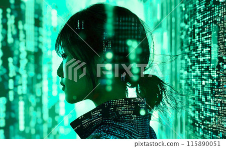 Digital data and binary code background: Profile silhouette of a Japanese woman 115890051