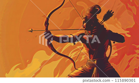 A vibrant vector illustration depicting a warrior archer poised with a drawn bow A vibrant vector illustration depicting a warrior archer poised with a drawn bow 115890301