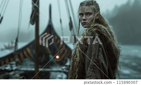 A young Viking woman with long braided hair stands on a ship  115890307