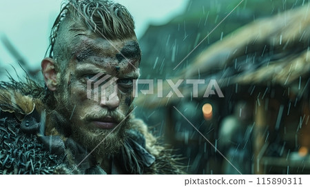 A fierce Viking warrior with intense blue eyes, battle scars, and war paint 115890311