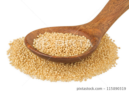 Amaranth grain seeds in wooden spoon isolated on white background Amaranth grain seeds in wooden spoon isolated on white background 115890319
