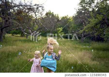 child and toddler, sisters, catching bubbles in the garden 115890343