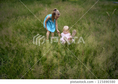 little sisters in dresses playing together in the tall grass 115890380