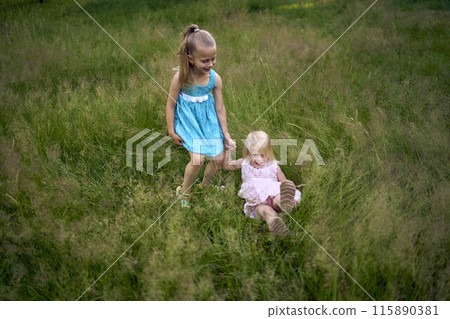little sisters in dresses playing together in the tall grass 115890381