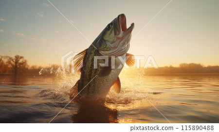 Perch or predatory fish jumping out of the water with open mouth at the lake. 115890488