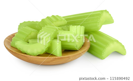 fresh celery in wooden bowl isolated on white background with full depth of field 115890492