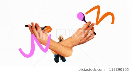 Poster. Contemporary art collage. Man with huge, crossed arms holding maracas wit abstract lines as dynamic rhythm of melody. Poster. Contemporary art collage. Man with huge, crossed arms holding maracas wit abstract lines as dynamic rhythm of melody. 115890505
