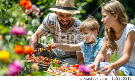 friends and family eating and cooking at a garden 115890511