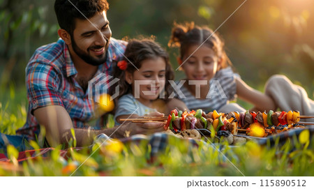 friends and family eating and cooking at a garden friends and family eating and cooking at a garden 115890512
