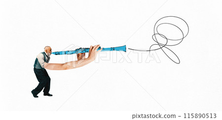 Poster. Contemporary art collage. Man dressed vintage attire with long, large hands performing on clarinet with doodle as sound. Poster. Contemporary art collage. Man dressed vintage attire with long, large hands performing on clarinet with doodle as sound. 115890513