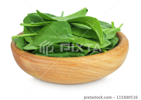 Baby spinach leaves in wooden bowl isolated on white background 115890516