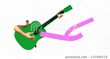 Poster. Contemporary art collage. Young man, musician with large arms, playing acoustic guitar with line emerging from it as melody rhythm. 115890518