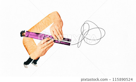 Poster. Contemporary art collage. Young man with huge arms holding purple flute with line adds dynamic rhythm to composition. Poster. Contemporary art collage. Young man with huge arms holding purple flute with line adds dynamic rhythm to composition. 115890524