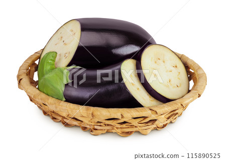 eggplant in a wicker basket isolated on white background with full depth of field. Top view. Flat lay eggplant in a wicker basket isolated on white background with full depth of field. Top view. Flat lay 115890525