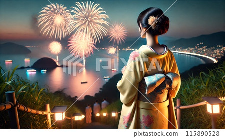 A woman in a kimono watching fireworks 115890528